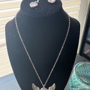 Elegant Silver and Pink Winged Heart Necklace and Earring Set